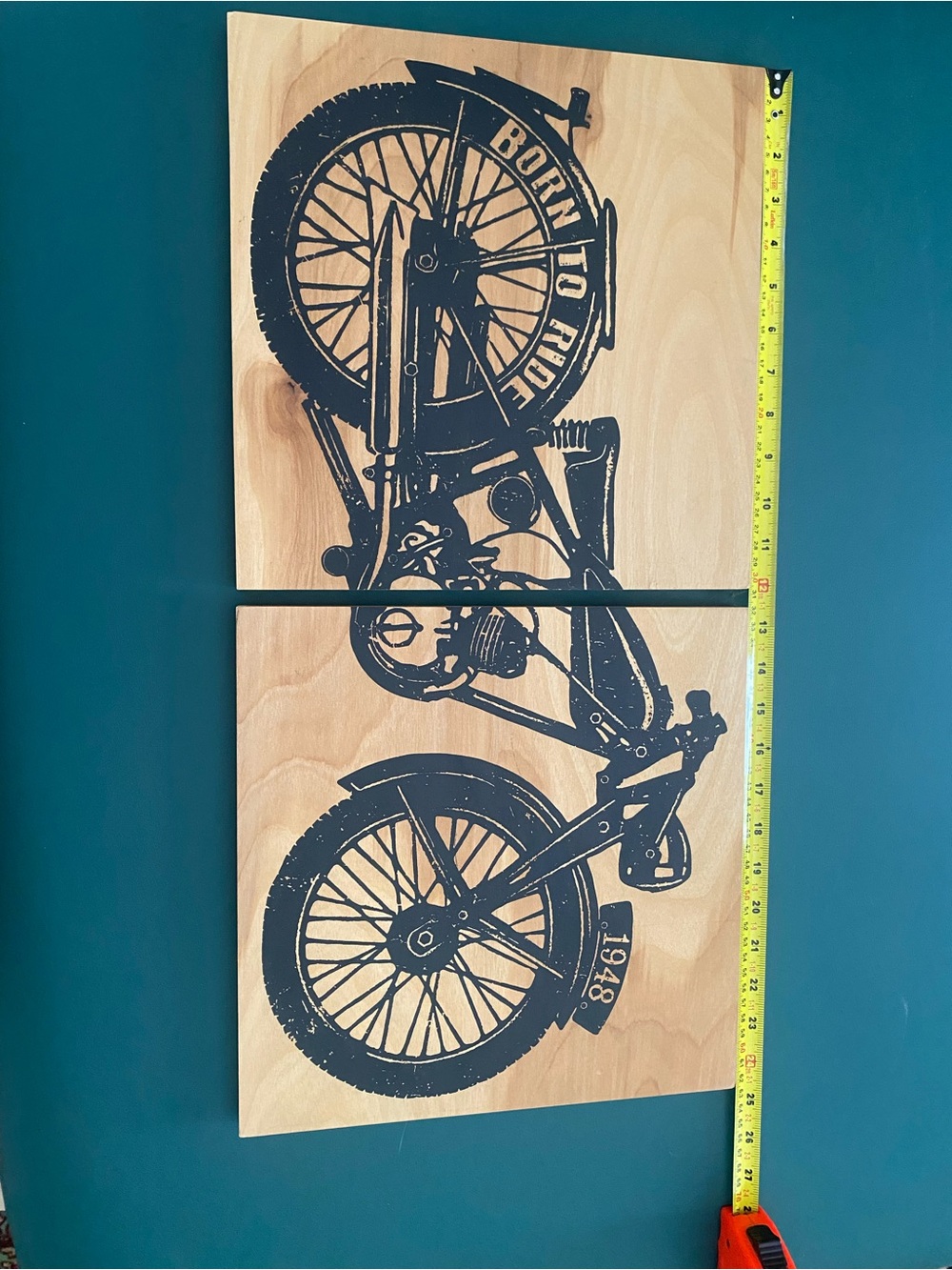 Wooden Motorcycle Wall Art Panel - Black on Natural